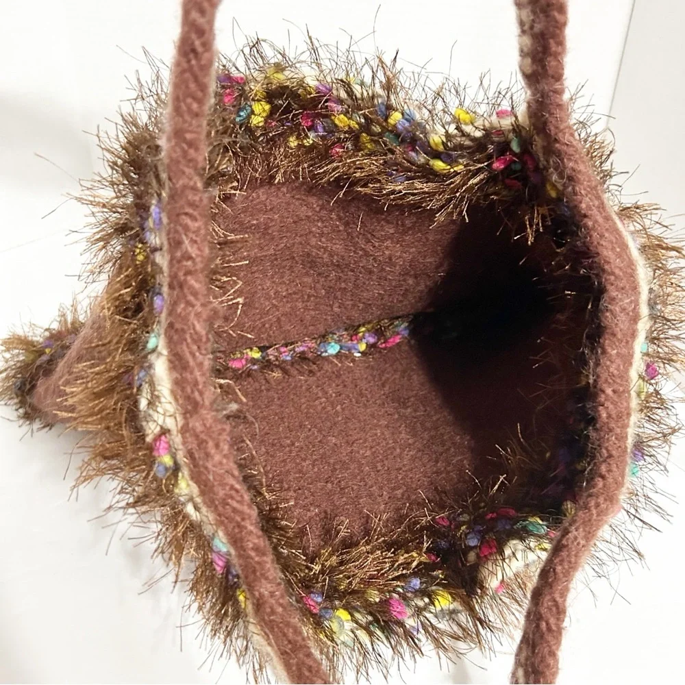 Unbranded Handcrafted Multi Yarn Types Knit Tote Fuzzy Trim Around Top Boil Wool